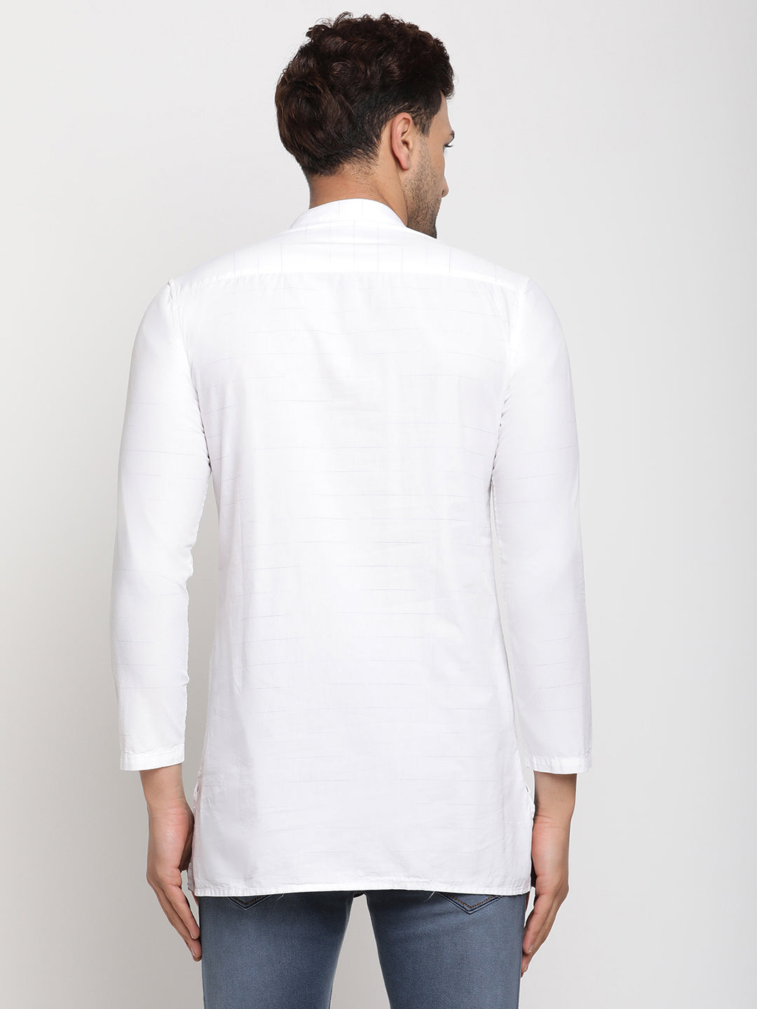 Men Straight-Fit Kurta Style White Cotton Shirt - Global Republic