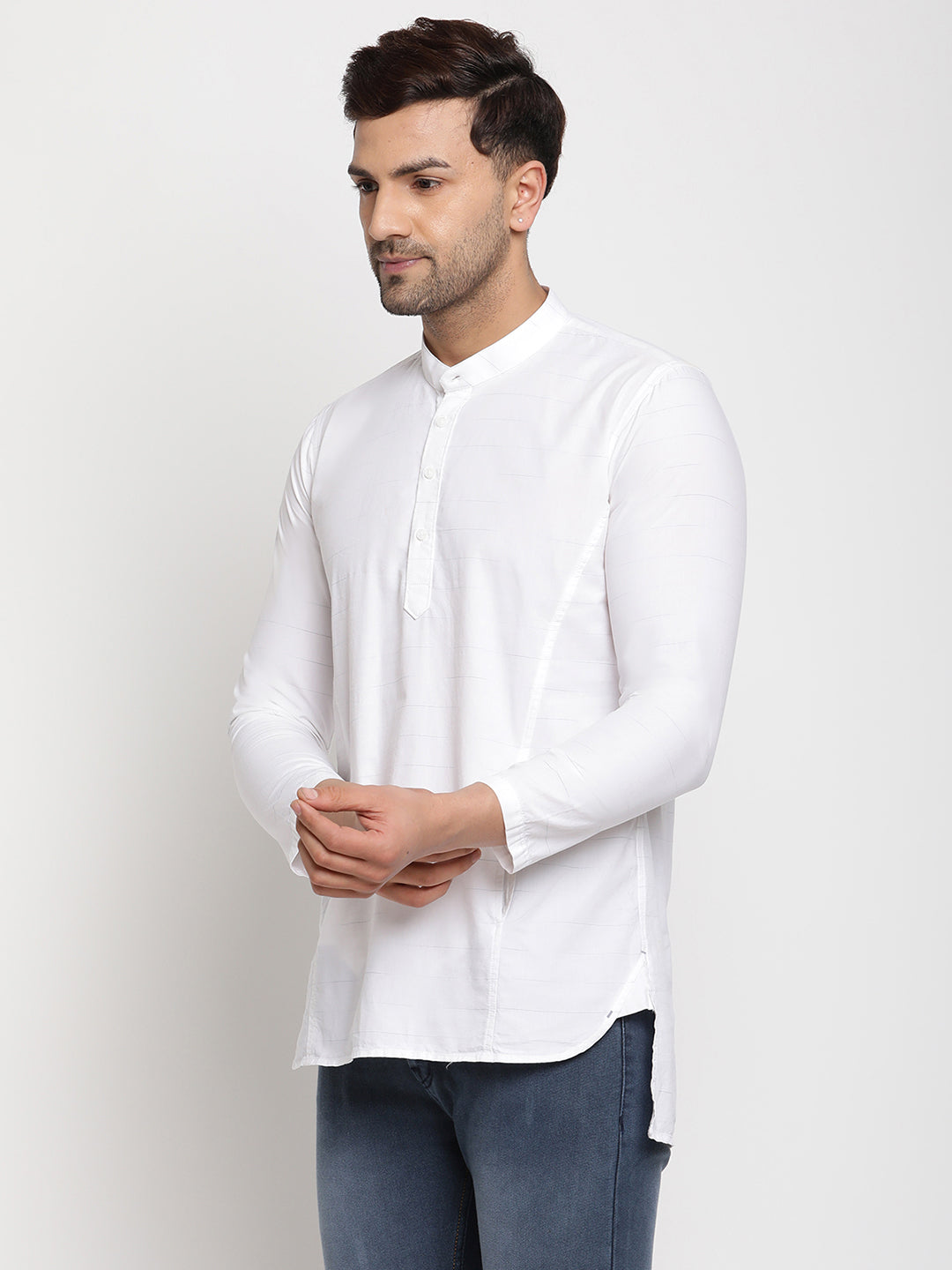 Men Straight-Fit Kurta Style White Cotton Shirt - Global Republic