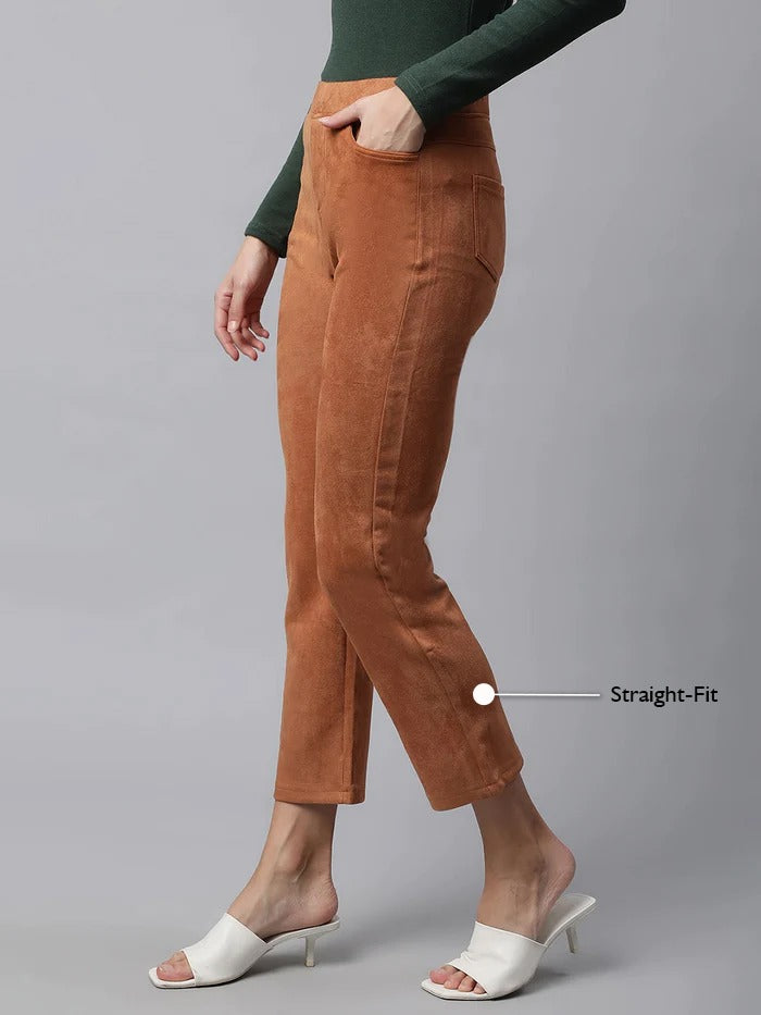 women tan suede straight leg suede jegging