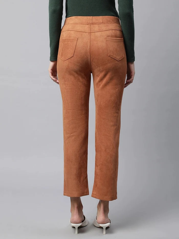 women tan suede straight leg suede jegging