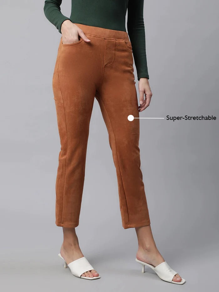 women tan suede straight leg suede jegging
