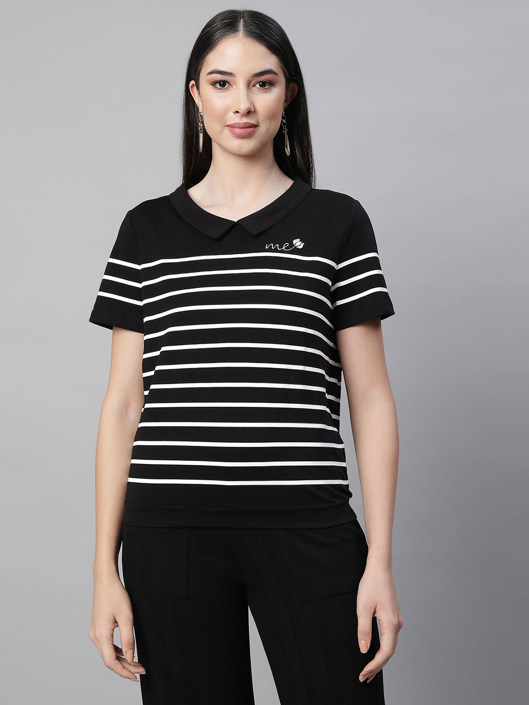 women black collar neck striped top