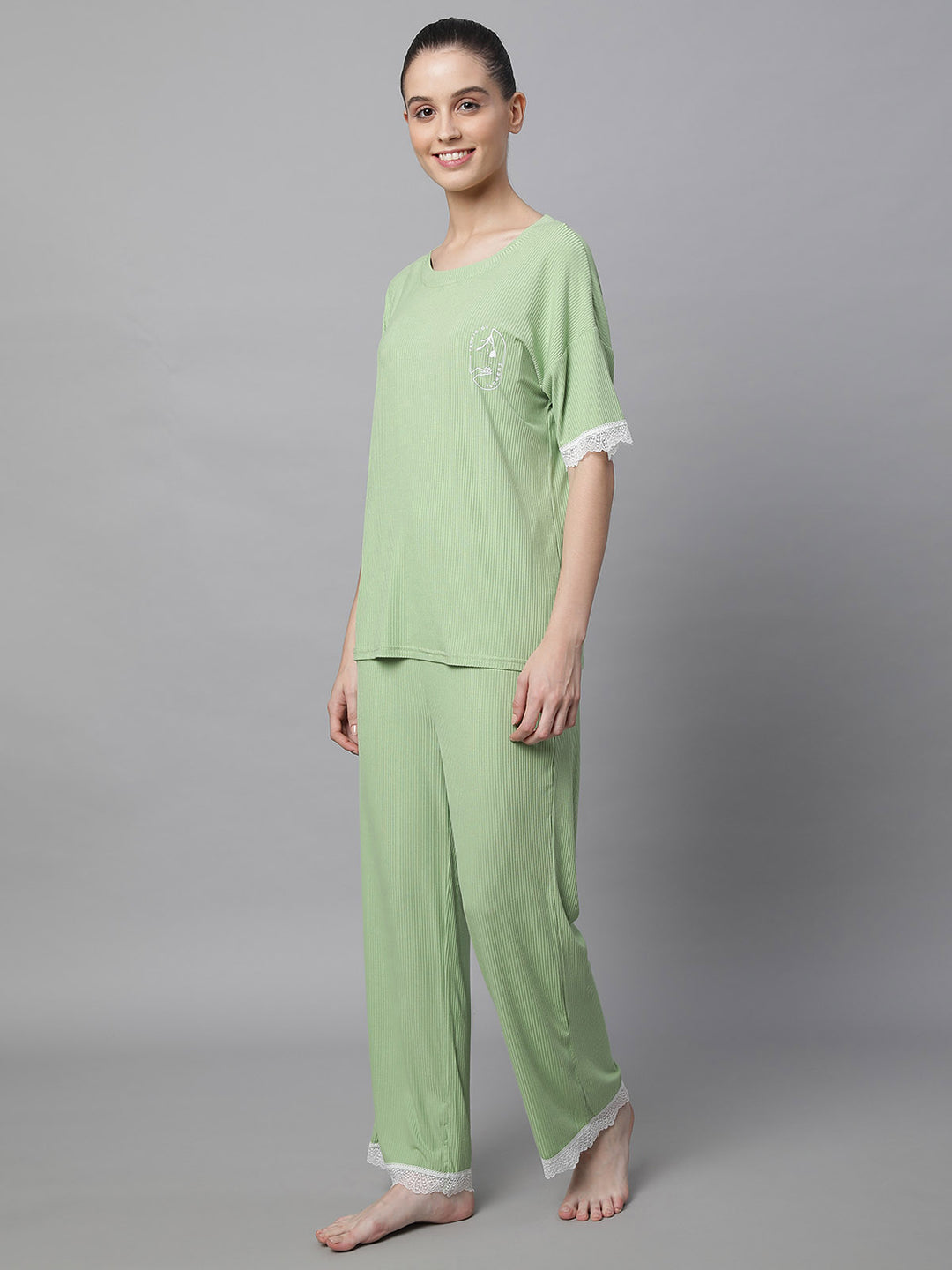 Women Green Loose Fit Night Suit Set - Global Republic