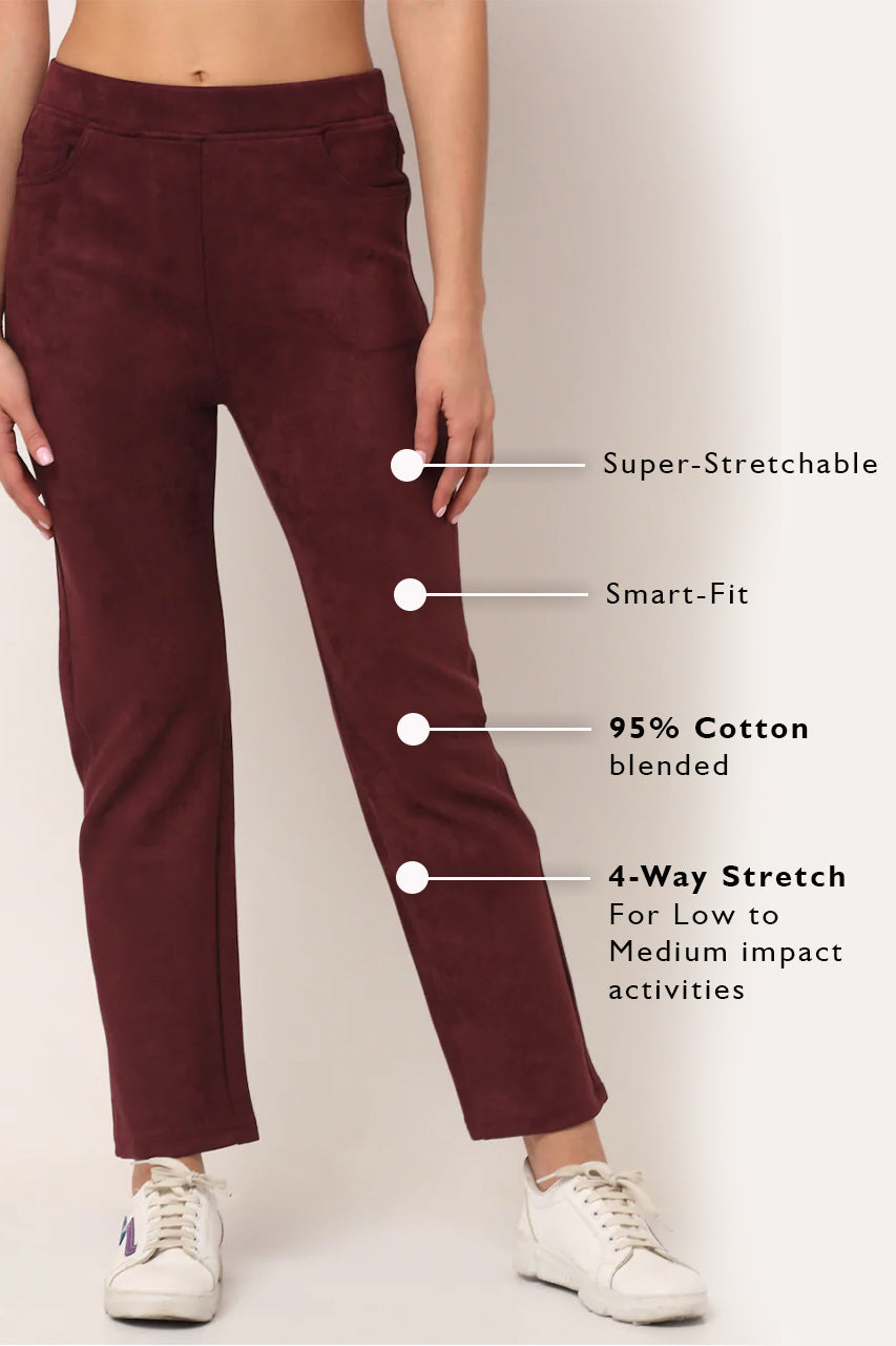 Maroon Solid Suede Jegging - Global Republic