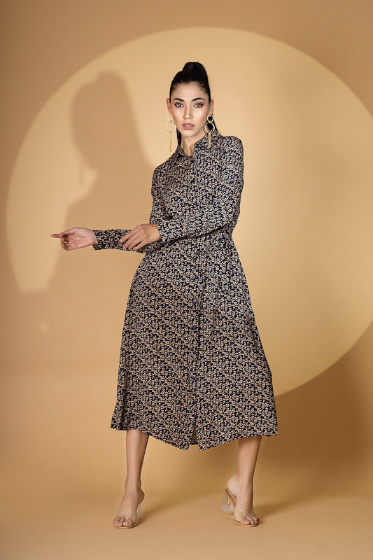 Women Navy Blue Collar Neck Printed Shirt Dress