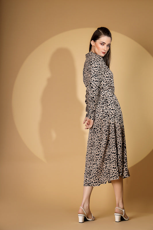 Women Brown Collar Neck Printed Shirt Dress