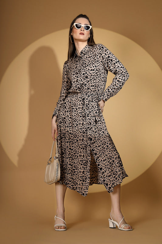 Women Brown Collar Neck Printed Shirt Dress