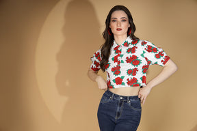 Women Collared Neck Floral Printed White Cropped Top
