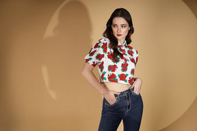 Women Collared Neck Floral Printed White Cropped Top