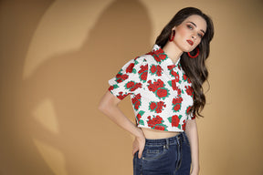 Women Collared Neck Floral Printed White Cropped Top