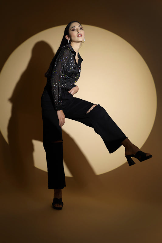 Black Embellished Collar Neck Shirt