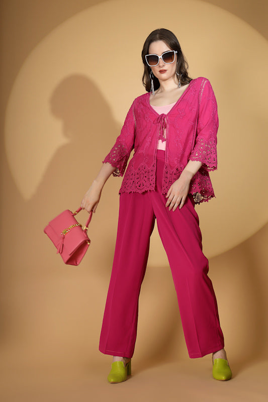 Women Hot Pink V-Neck Straight Fit Embroidered Shrug - Global Republic