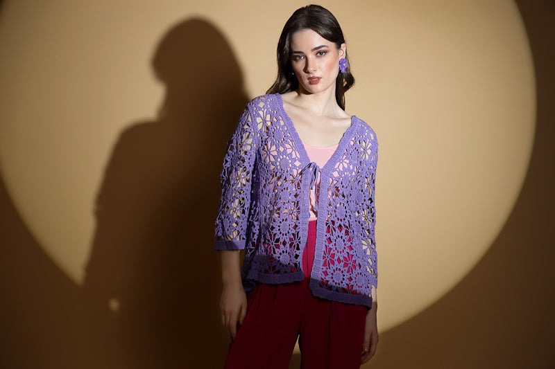 Women Lavender V-Neck Embroidered Loose Fit Shrug