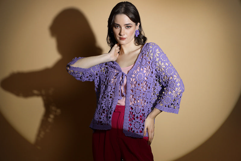 Women Lavender V-Neck Embroidered Loose Fit Shrug