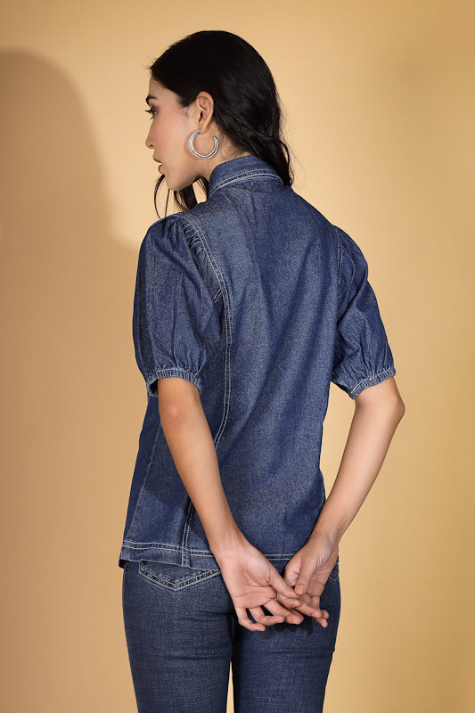 Women Denim Dark Blue Collar Neck Shirt