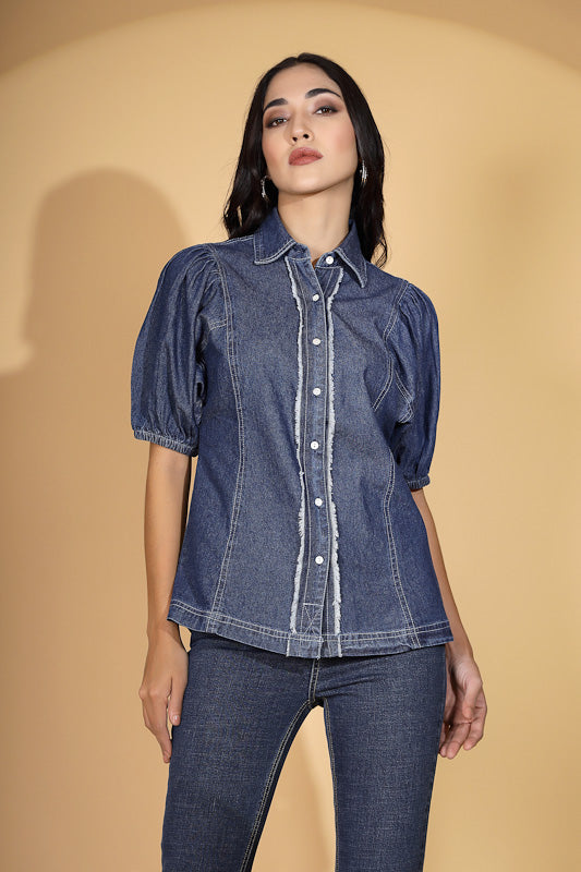 Women Denim Dark Blue Collar Neck Shirt