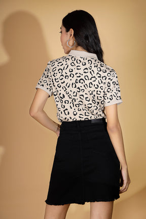 Women Leopard Print Collar Neck Beige T-Shirt