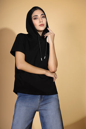 Women Regular Fit Black Hooded Top