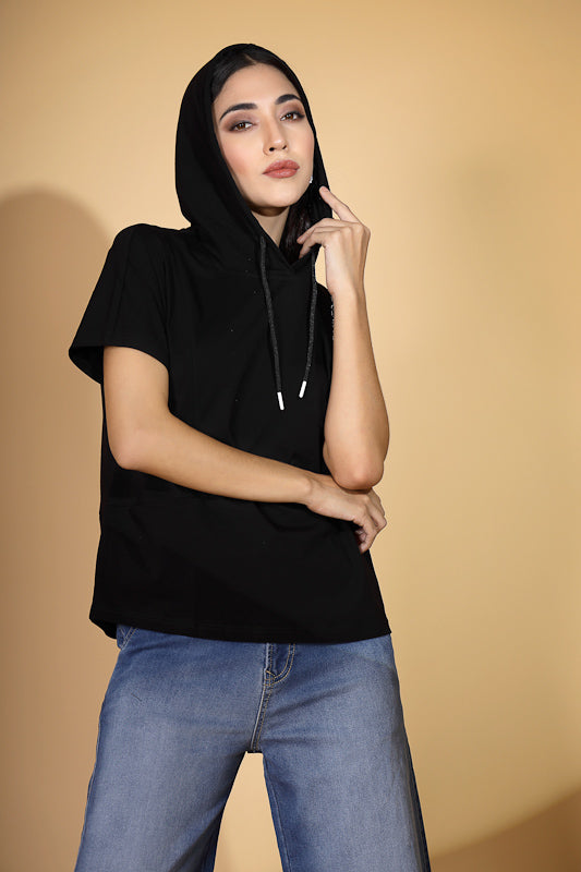 Women Straight Fit Black Hooded T-Shirt