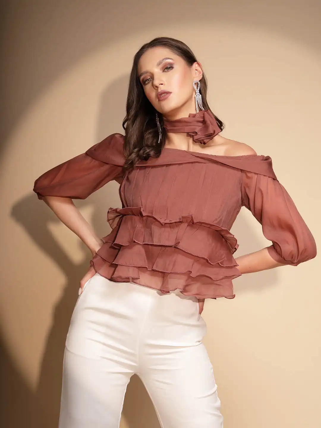 Women's Solid off Shoulder Brown Blouson Top