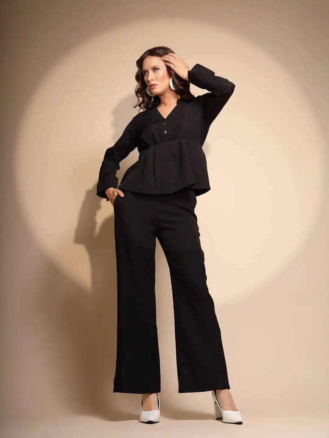 Women's Solid Collared Neck Black Co-ord Set