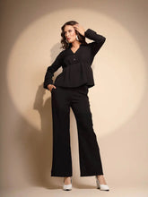Women's Solid Collared Neck Black Co ord Set