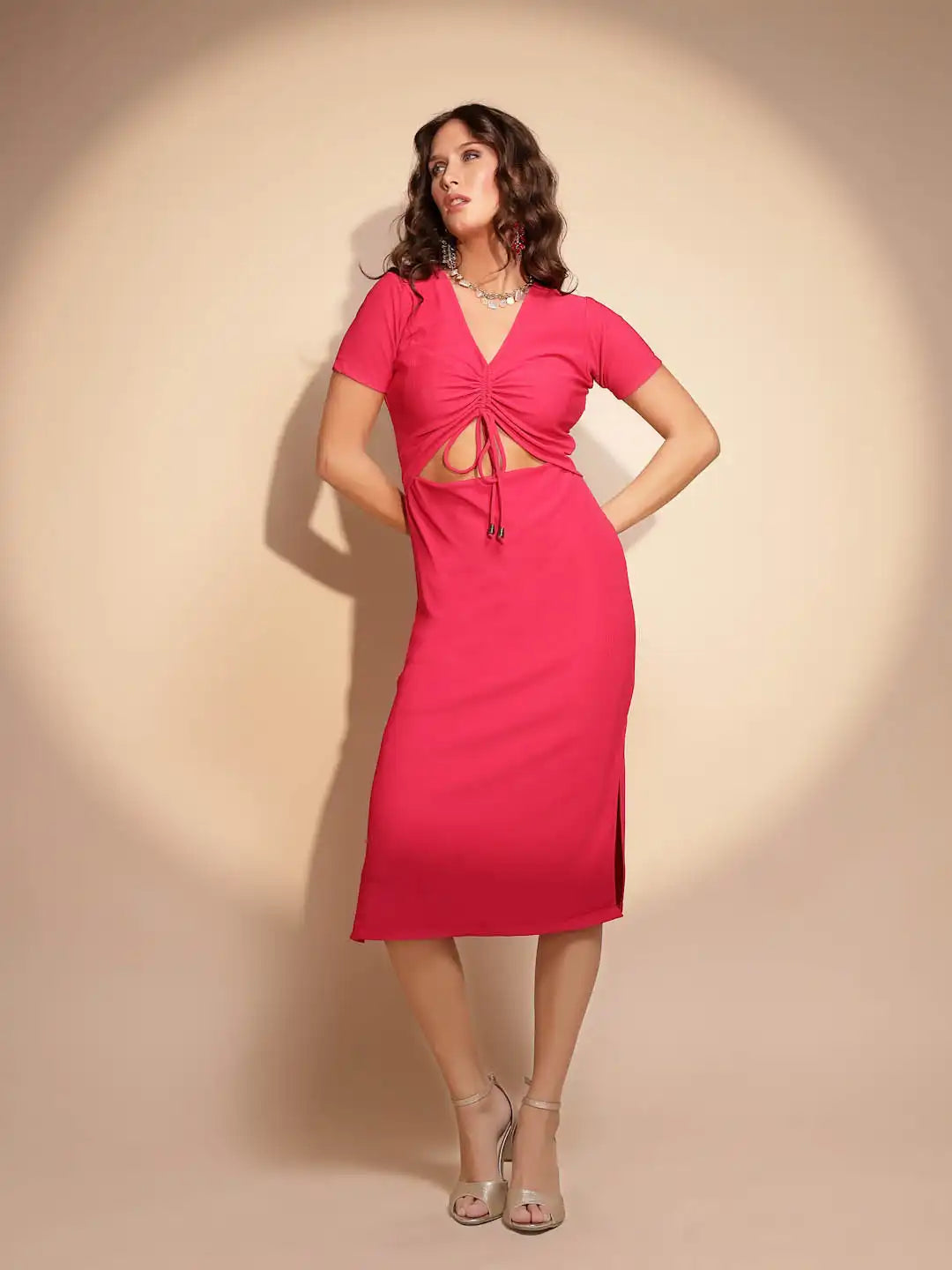 Women's Solid V-Neck Pink Dress - Global Republic