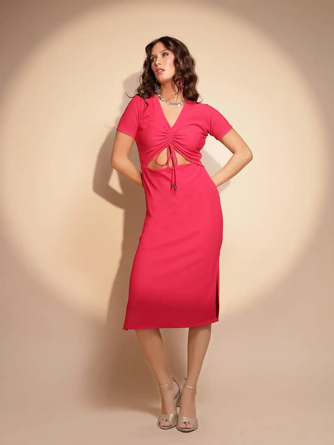 Women's Solid V-Neck Pink Dress