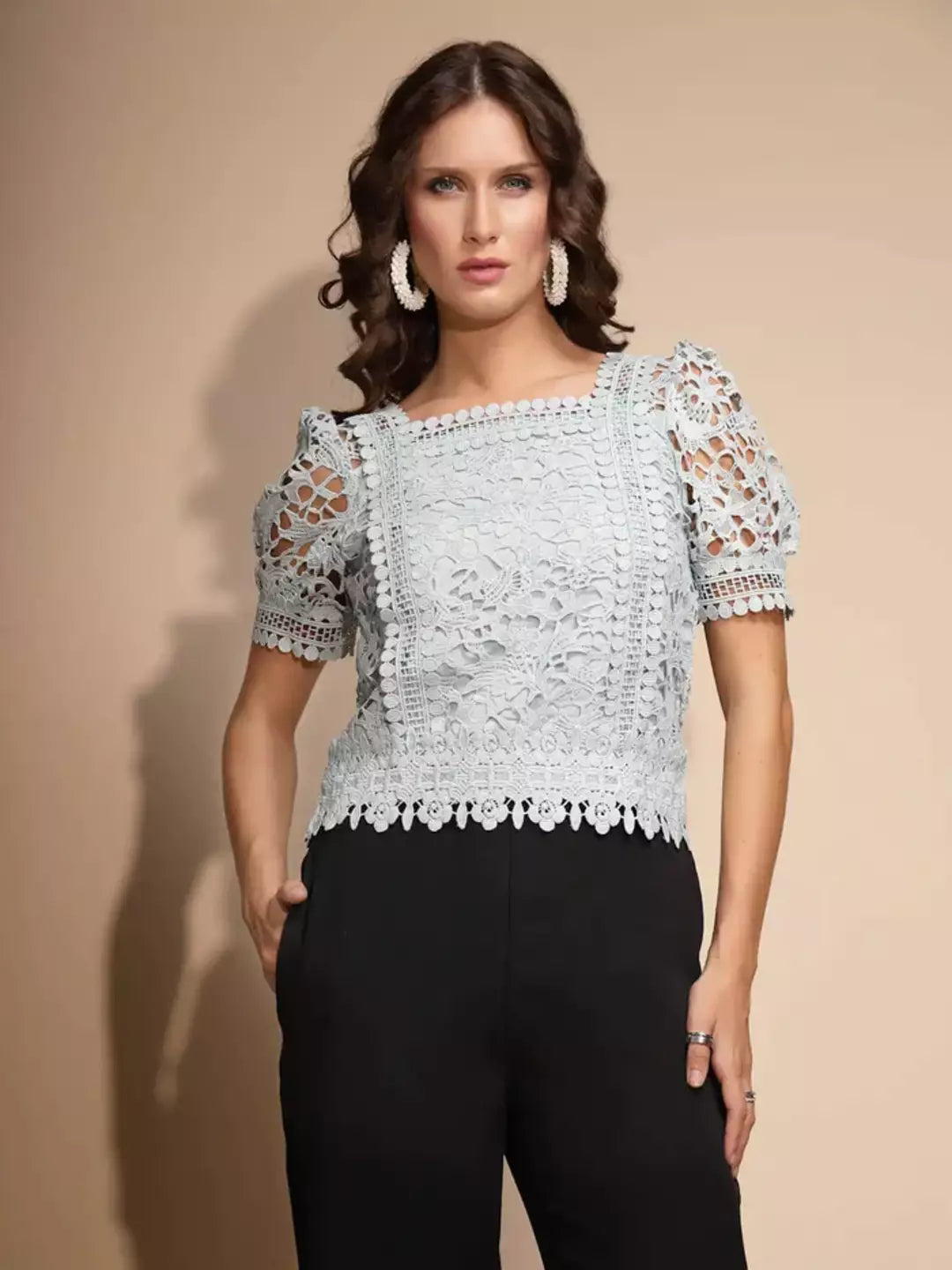 Blue Lace Square Neck Top