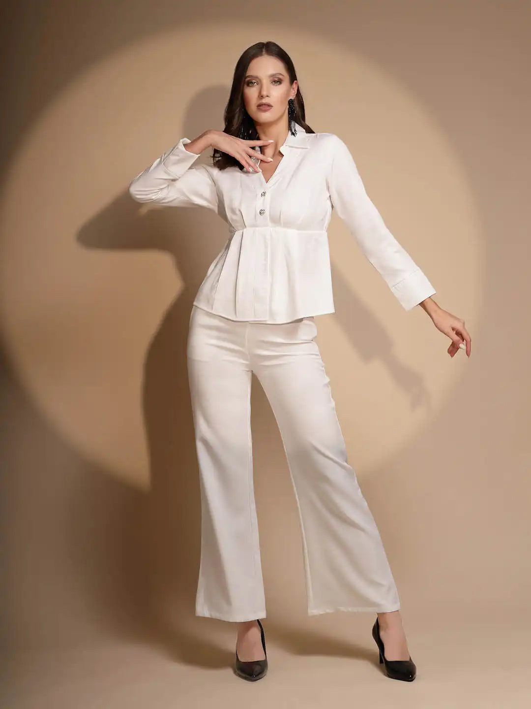 Women's Solid Collared Neck White Co-ord Set