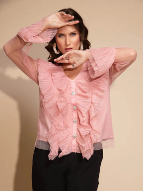 Women's Solid V-Neck Pink Blouse Top