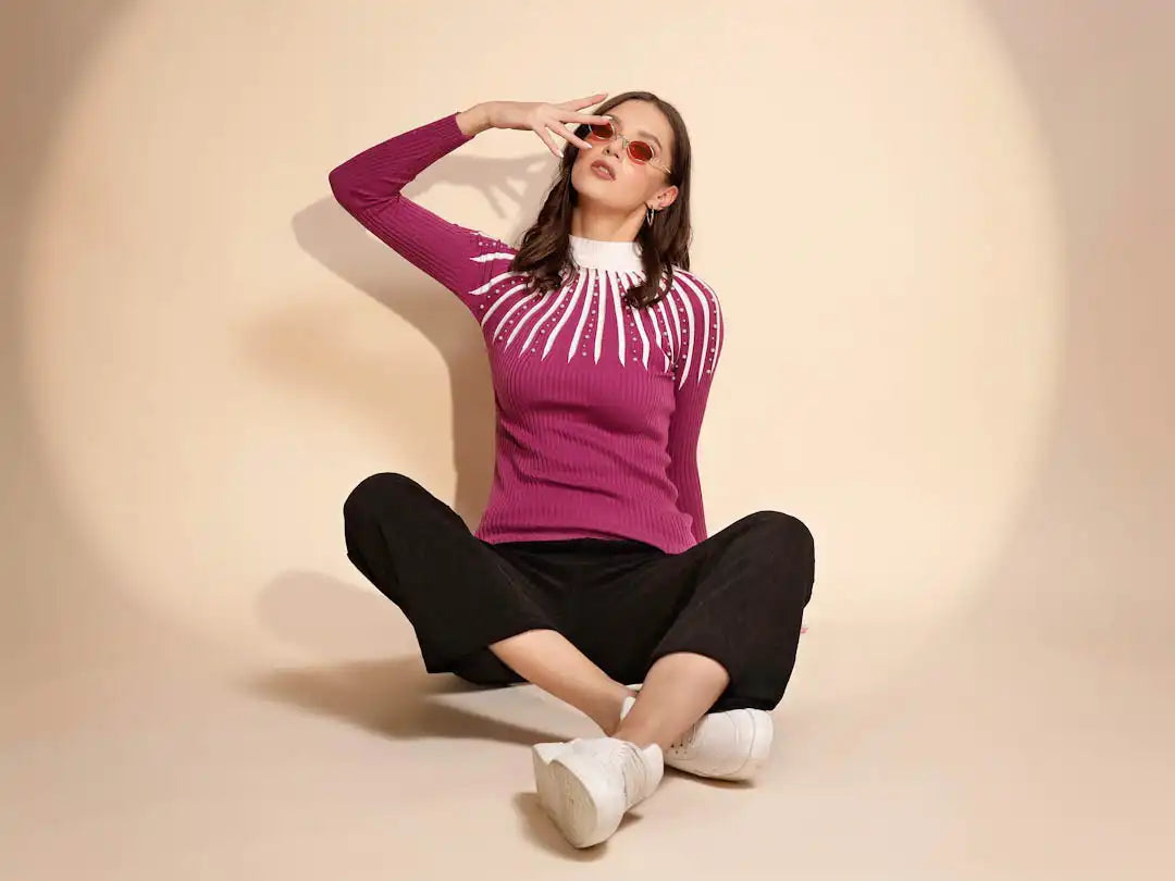 Hot Pink Color Full Sleeve Turtle Neck Pullover