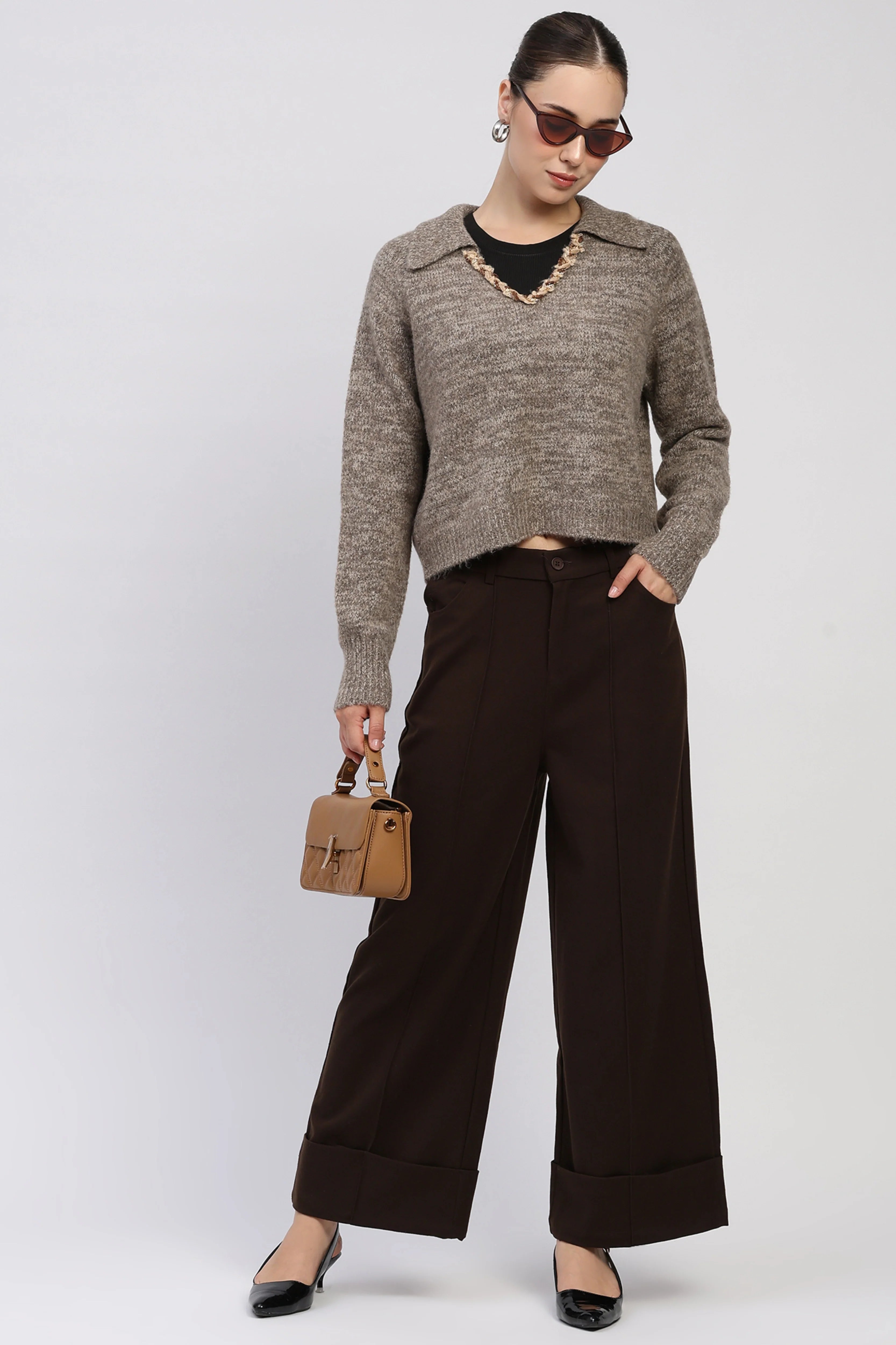 Coffee Brown Flared Winter Trousers