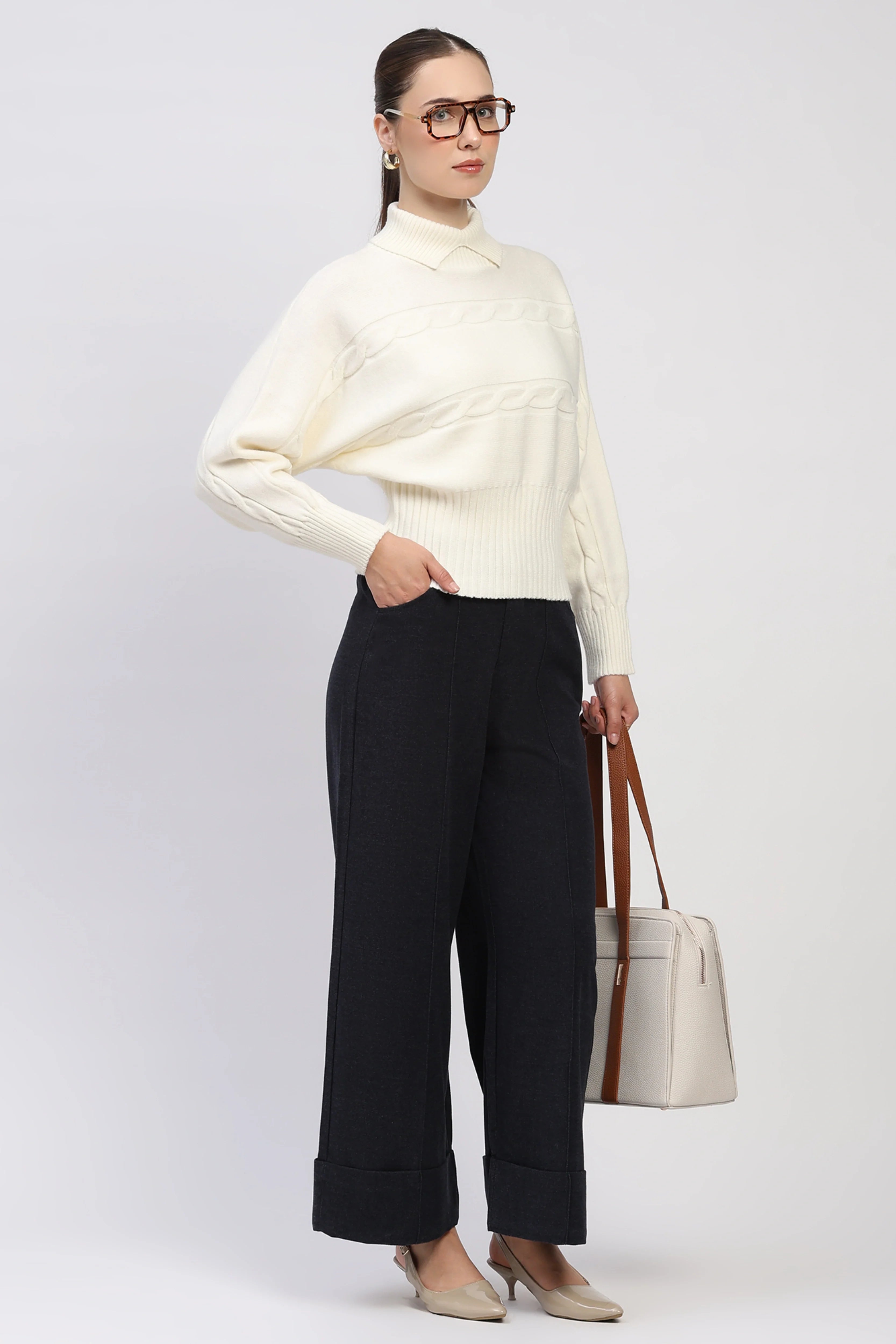 Navy Blue Flared Winter Trousers