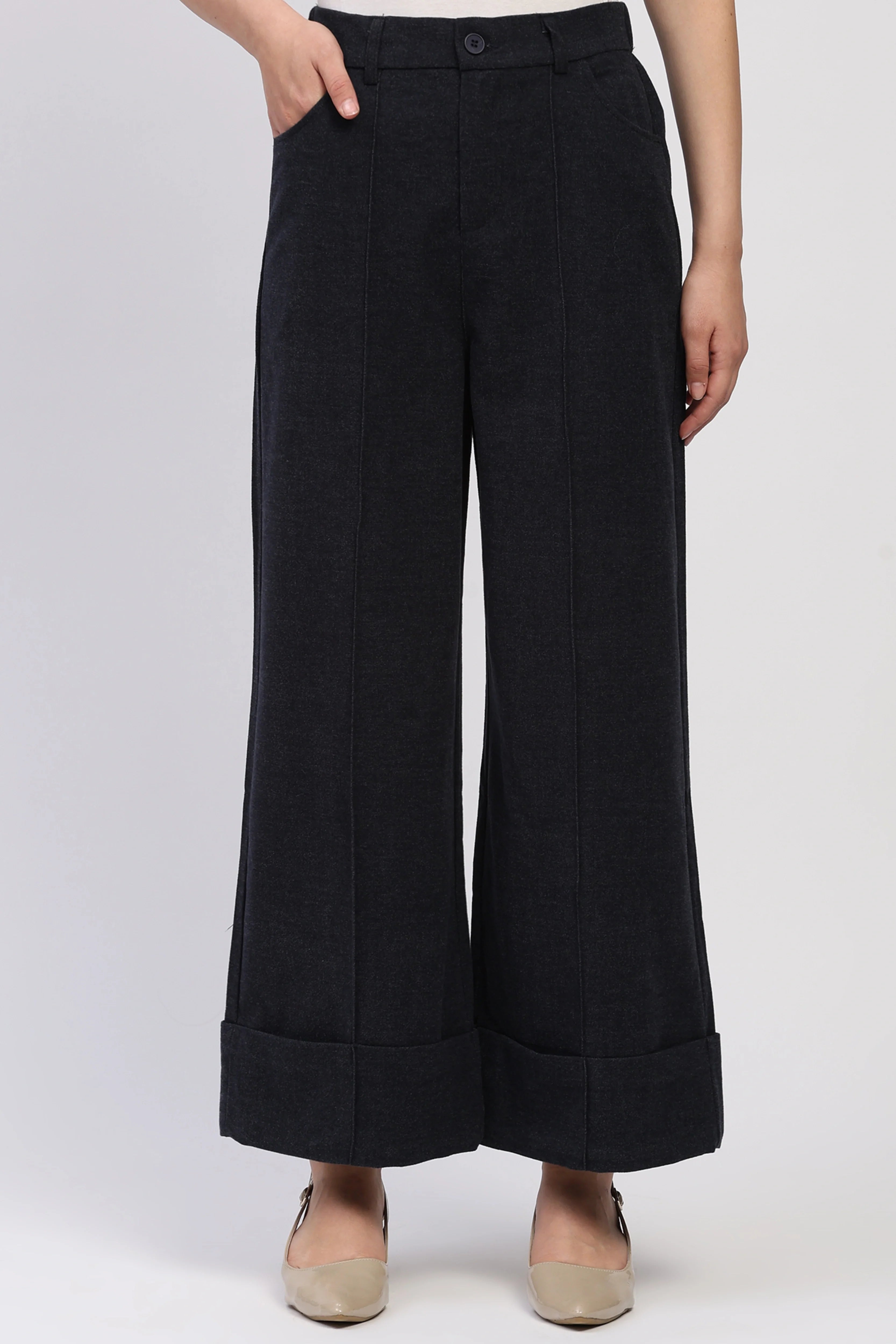 Navy Blue Flared Winter Trousers