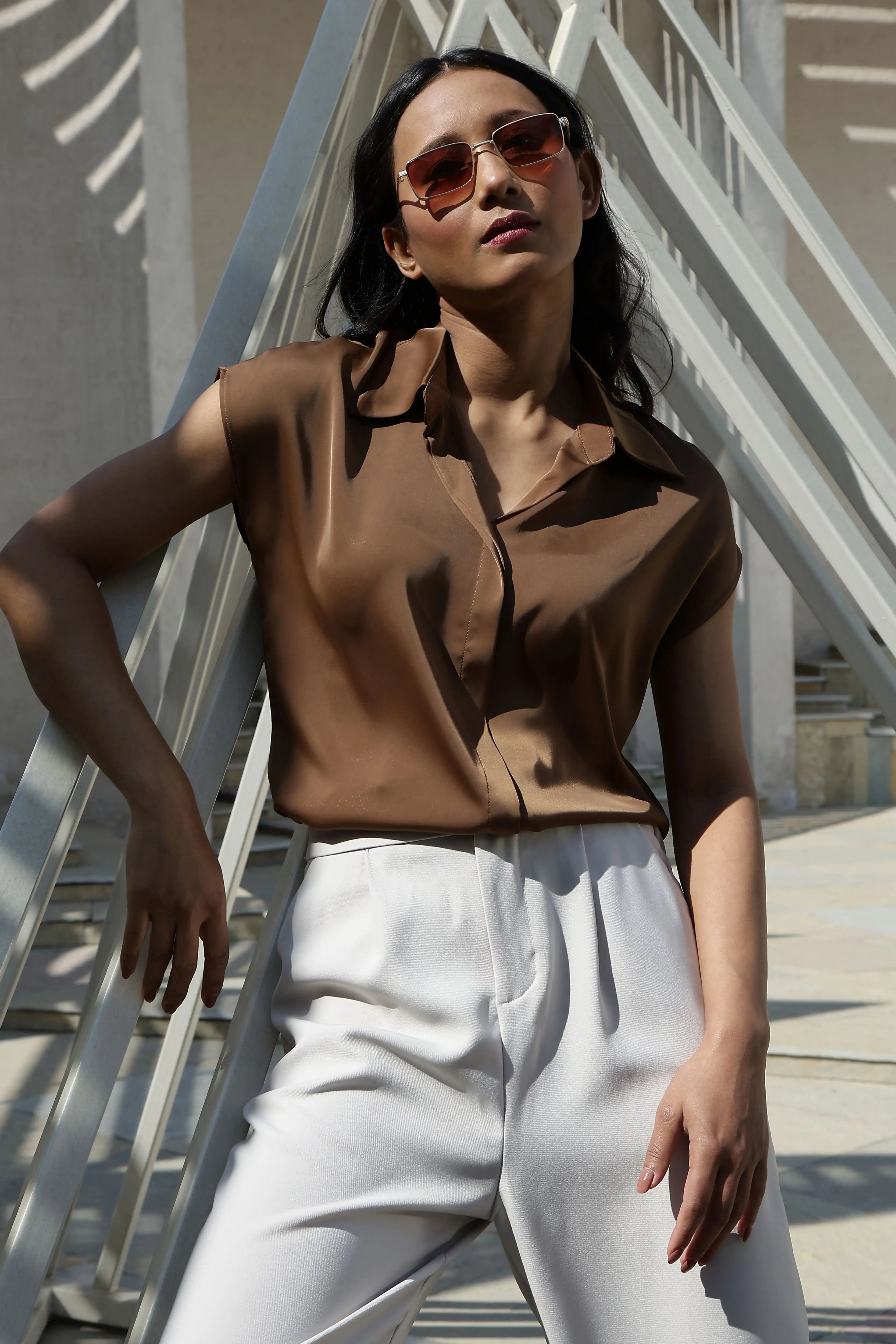 Brown Solid Satin Shirt