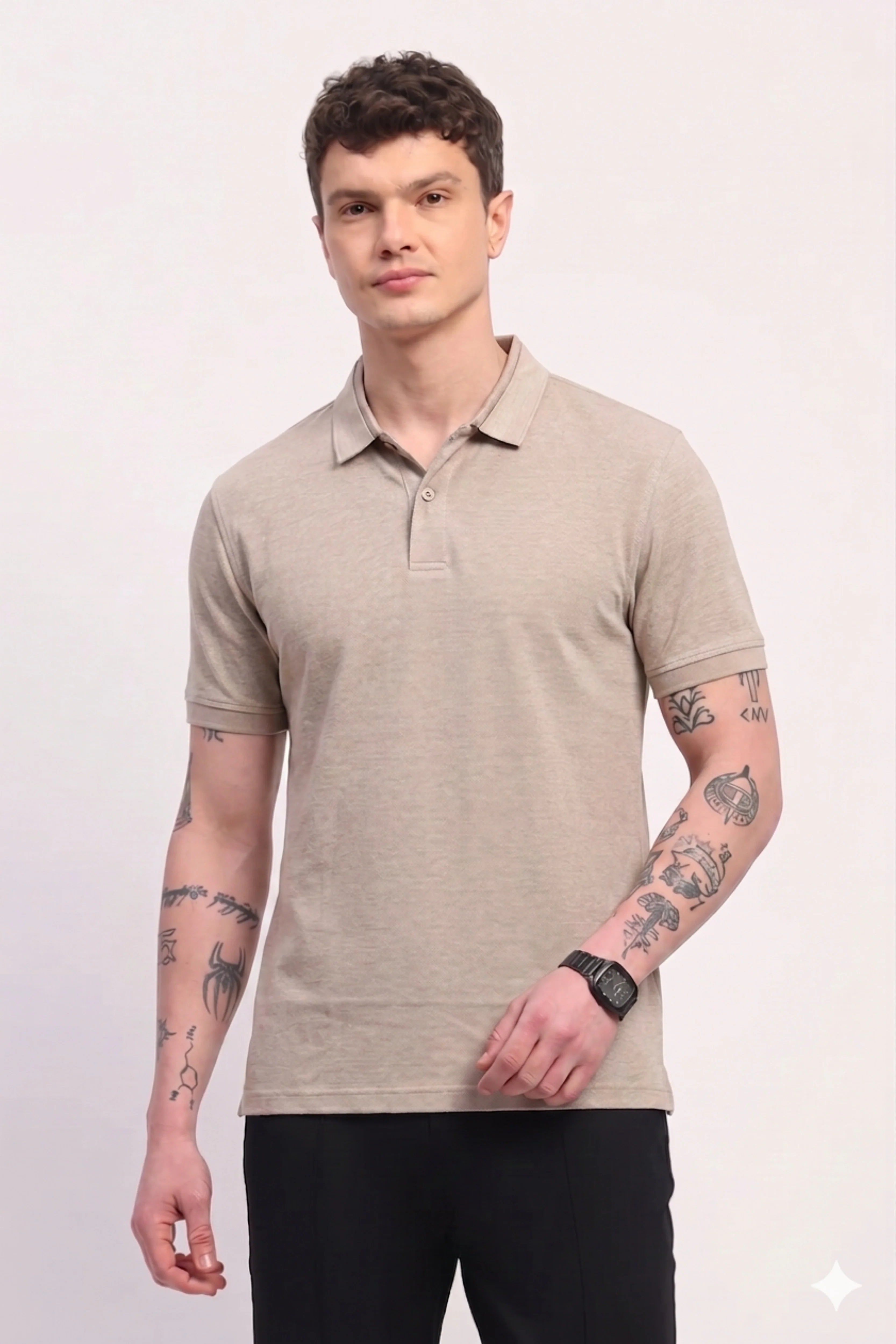 Beige Cotton Collar T-Shirt-Global Republic