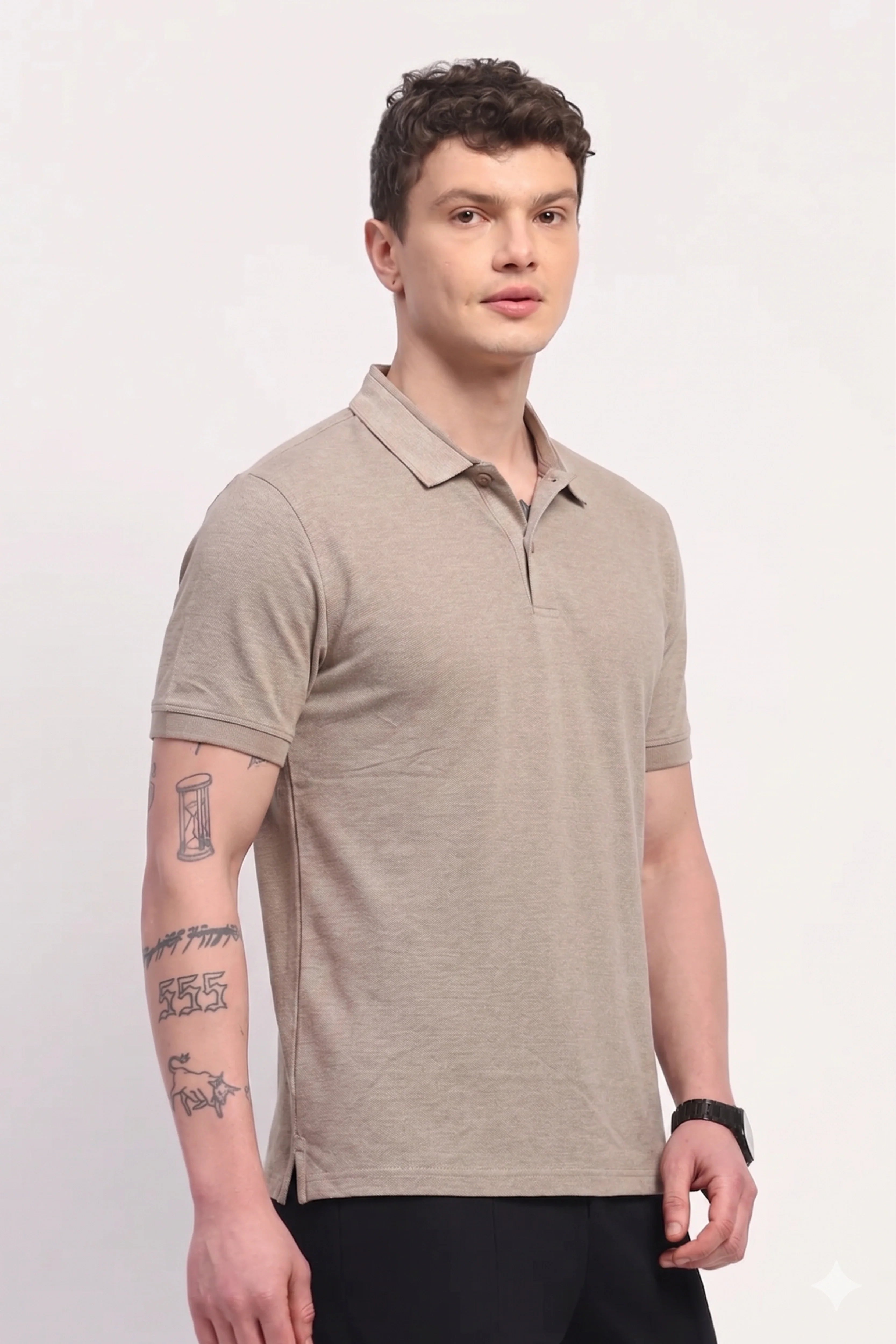 Beige Cotton Collar T-Shirt-Global Republic