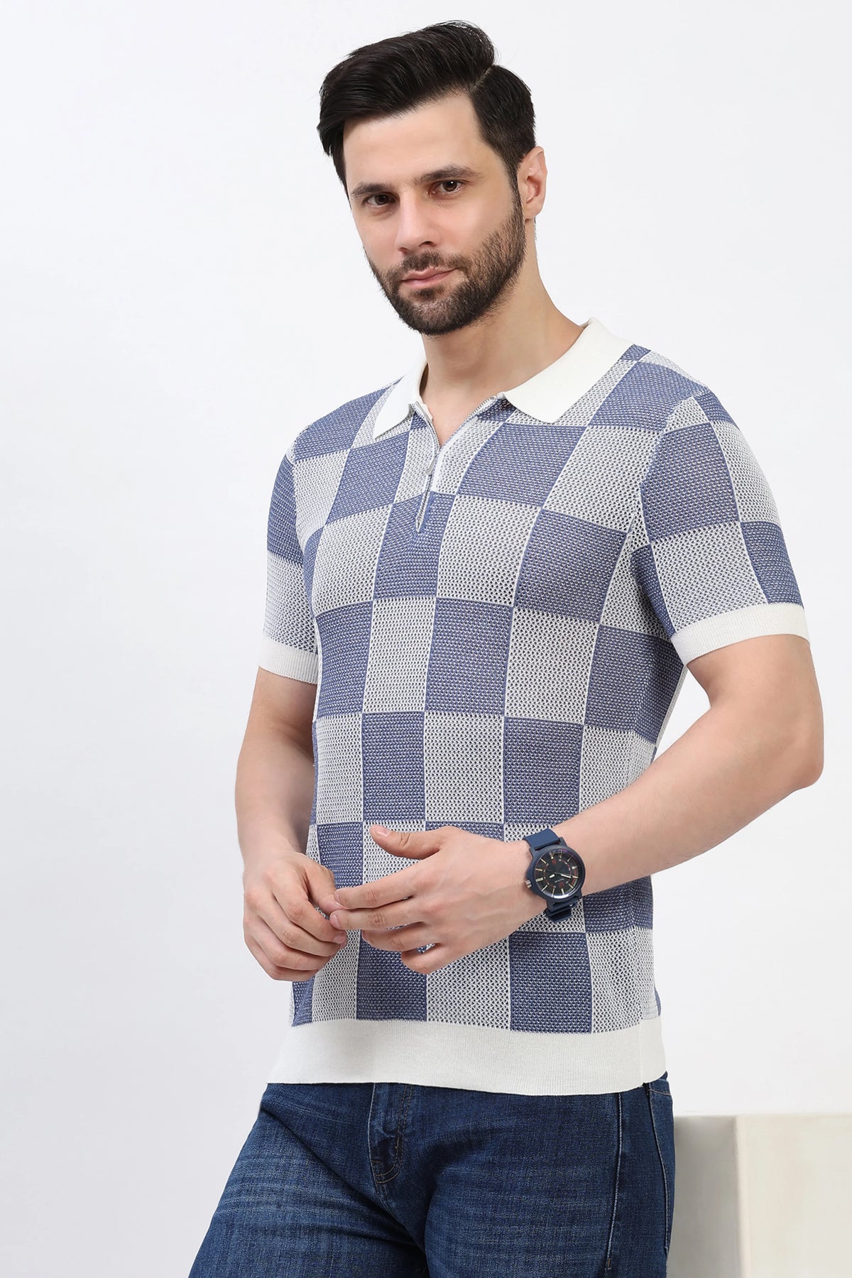Blue & White Checked Knit Polo T-Shirt