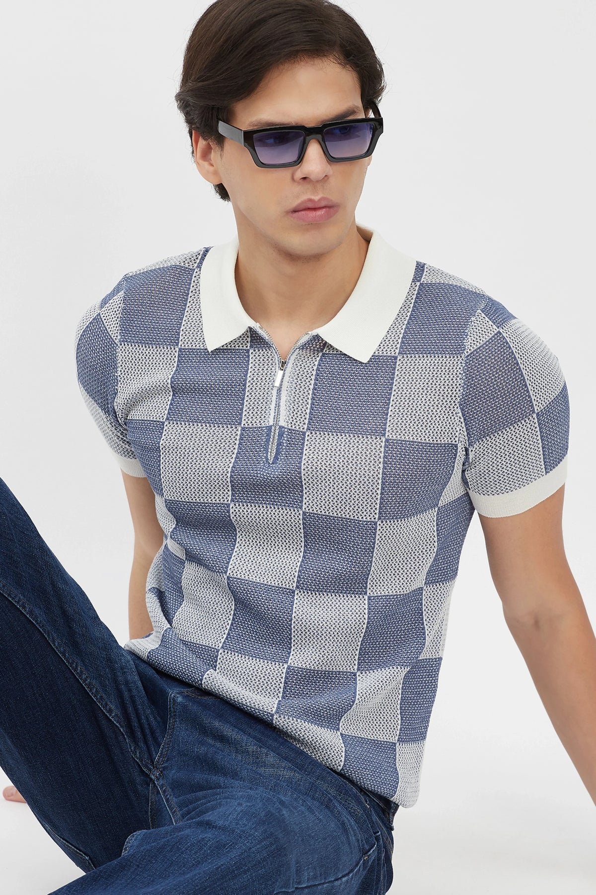 Blue & White Checked Knit Polo T-Shirt-Global Republic