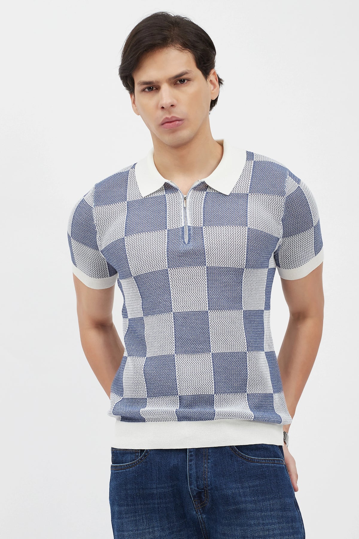 Blue & White Checked Knit Polo T-Shirt-Global Republic