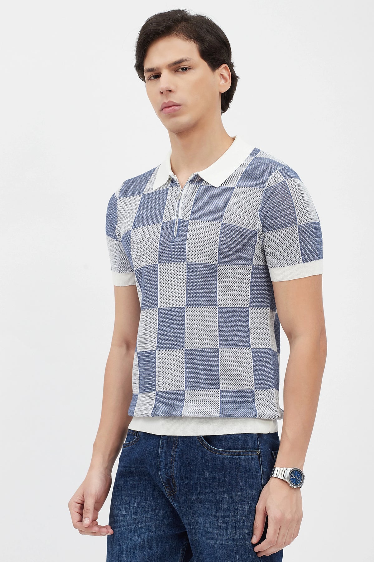 Blue & White Checked Knit Polo T-Shirt-Global Republic