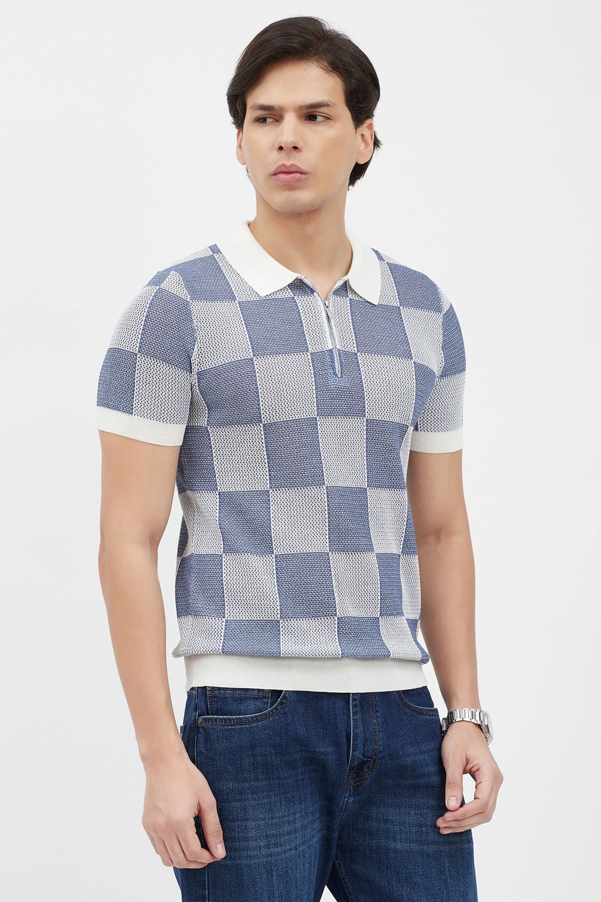 Blue & White Checked Knit Polo T-Shirt-Global Republic