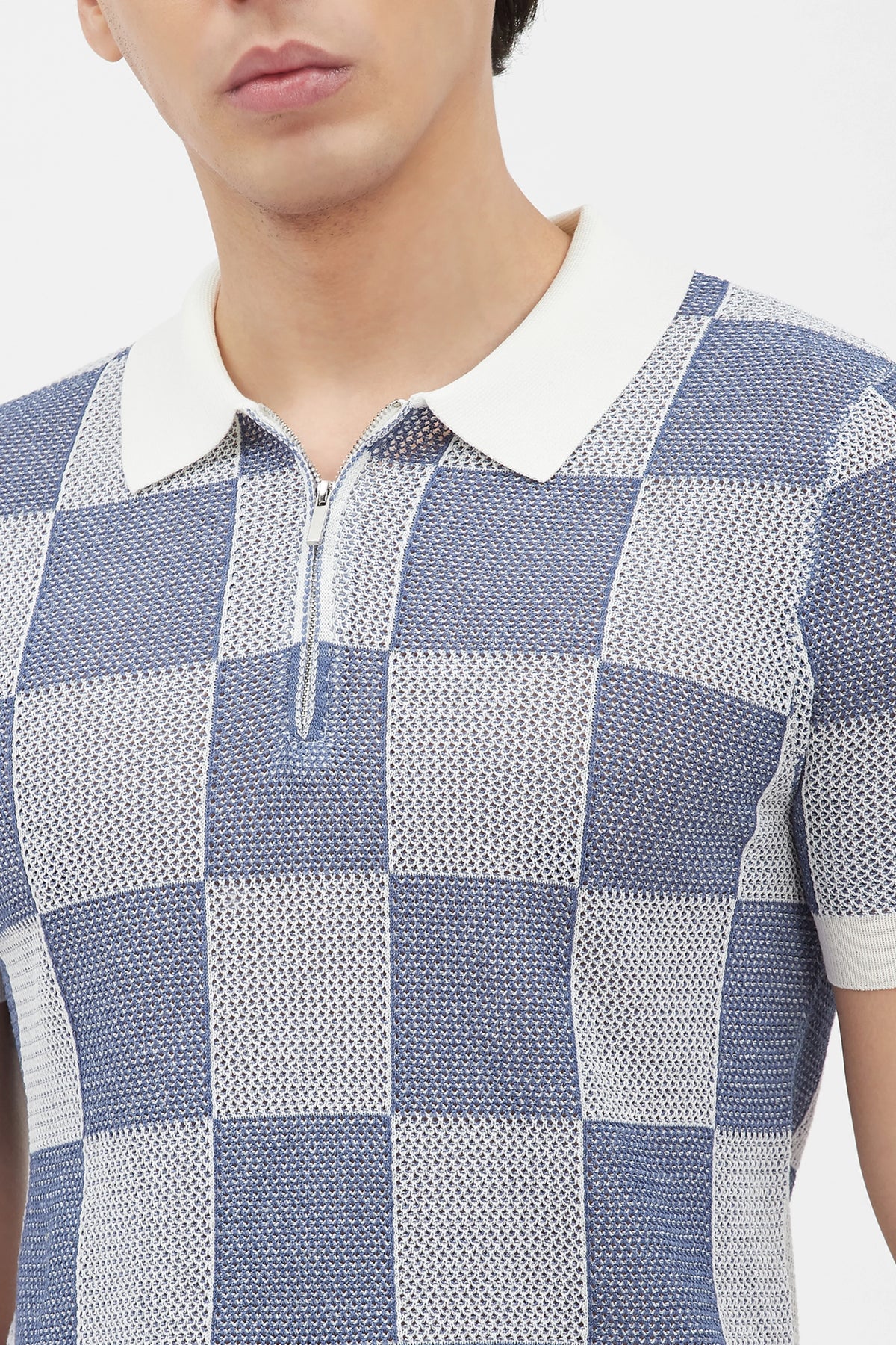 Blue & White Checked Knit Polo T-Shirt-Global Republic