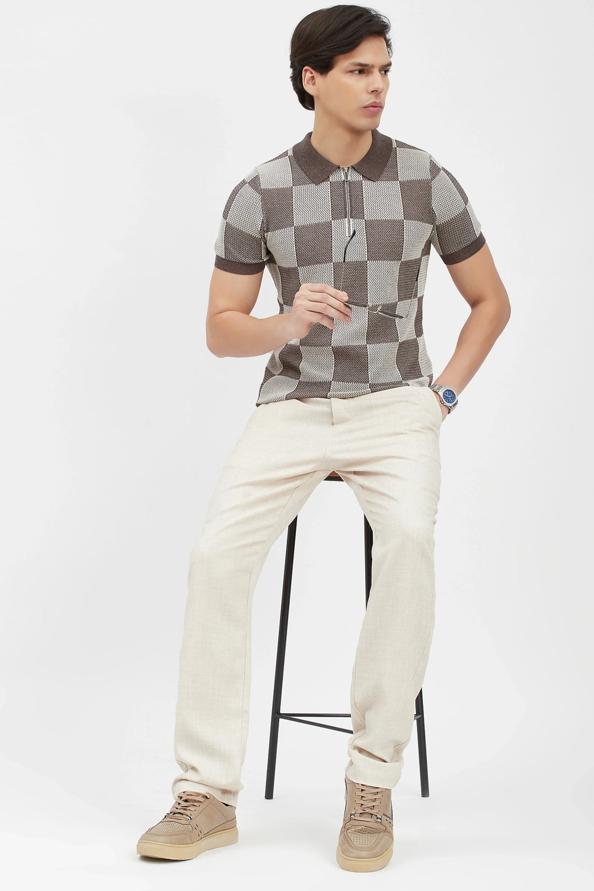 Brown & Beige Checked Knit Polo T-Shirt-Global Republic