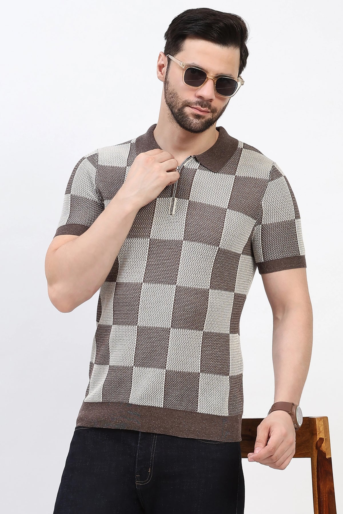 Brown & Beige Checked Knit Polo T-Shirt