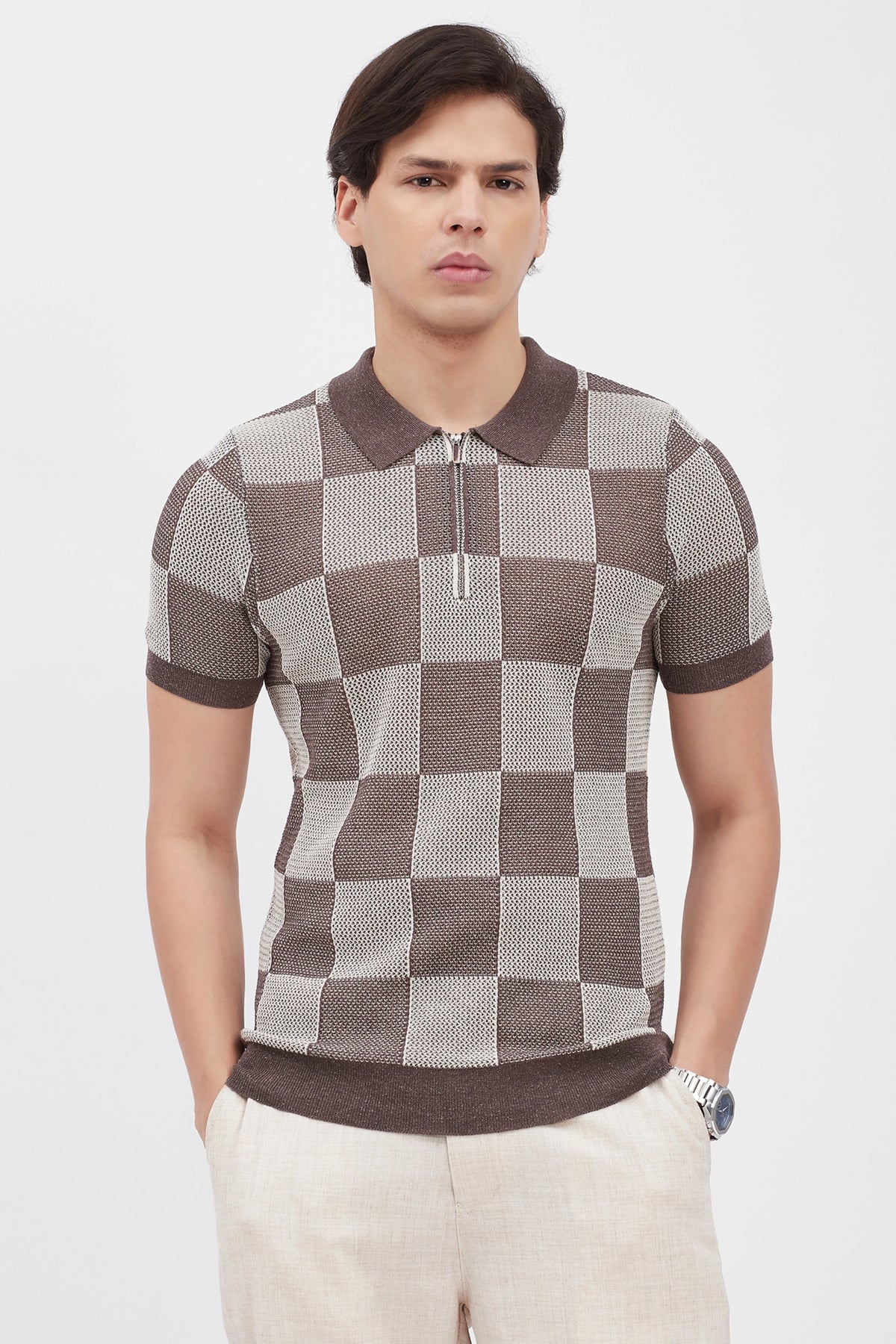 Brown & Beige Checked Knit Polo T-Shirt-Global Republic
