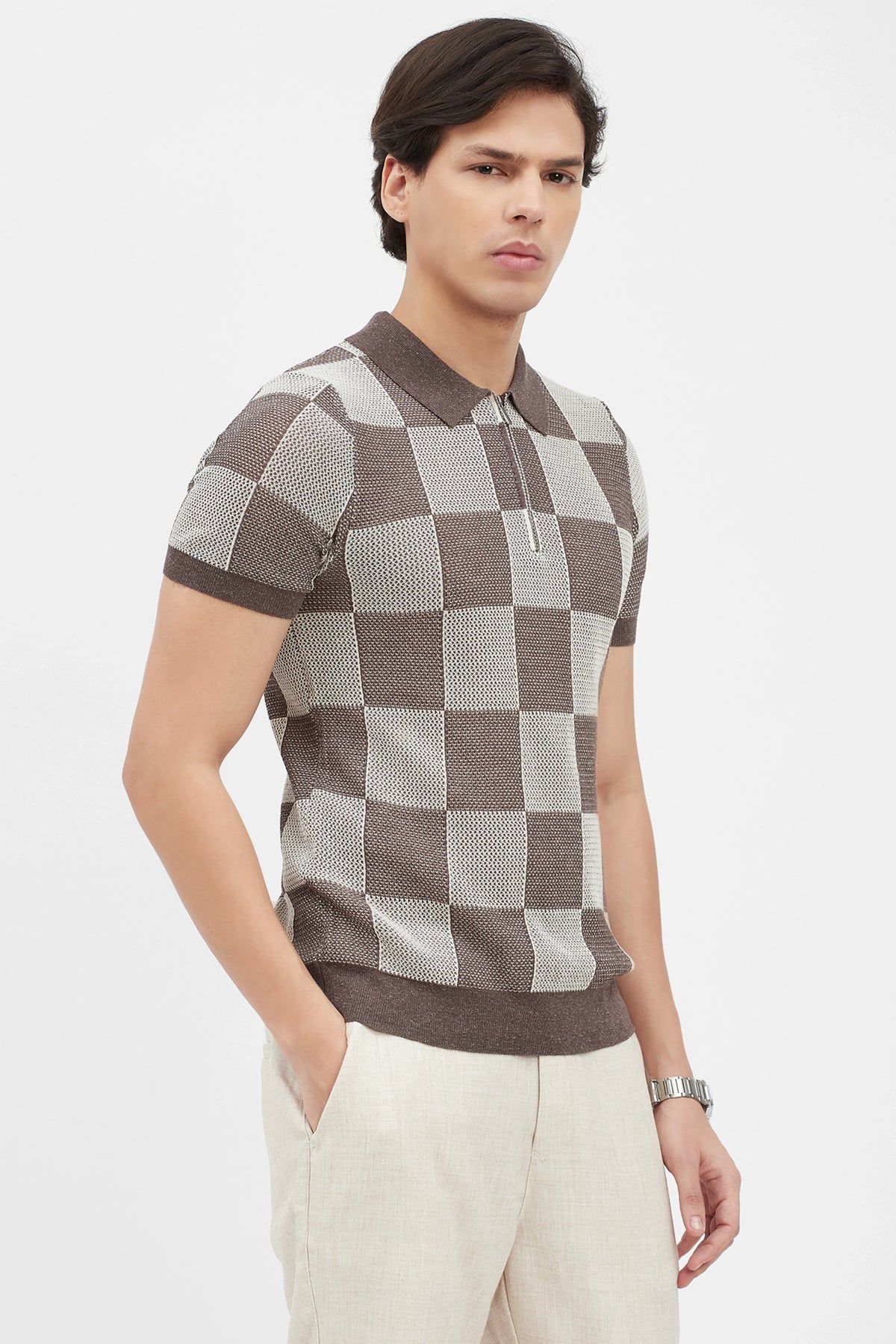 Brown & Beige Checked Knit Polo T-Shirt-Global Republic