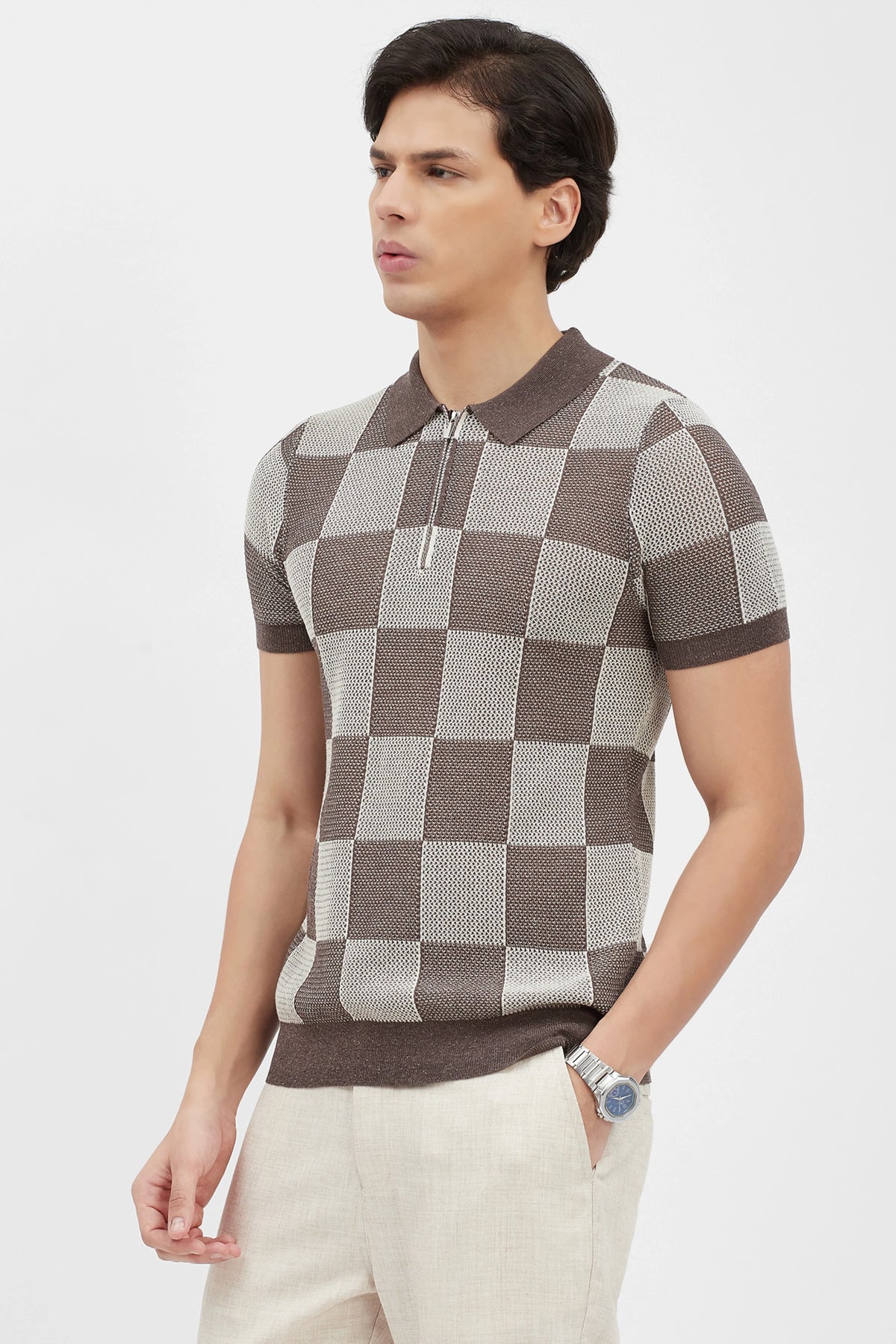 Brown & Beige Checked Knit Polo T-Shirt-Global Republic