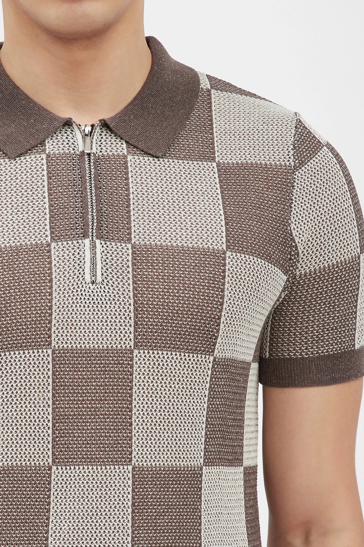 Brown & Beige Checked Knit Polo T-Shirt-Global Republic